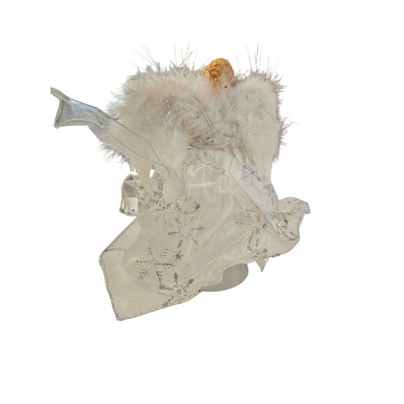 Vintage Christmas Tree Topper Angel Porcelain White Silver Feather Wings - Picture 3 of 5